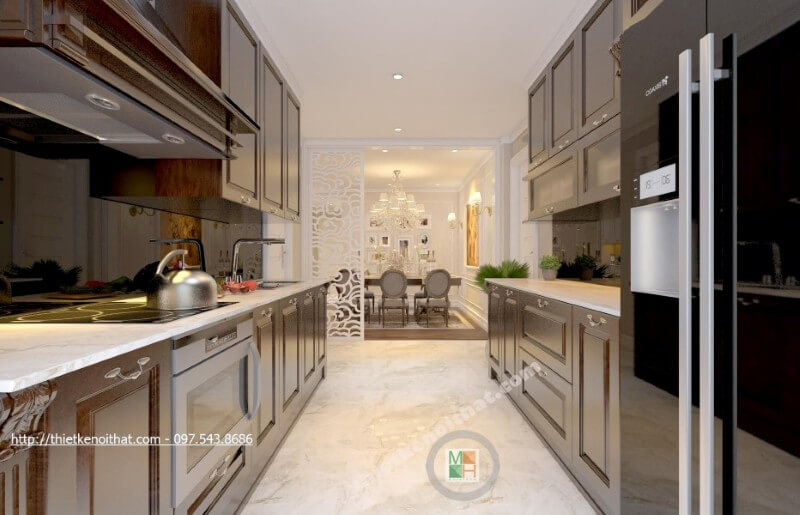 Đá ốp bếp nhân tạo màu trắng được coi như điểm nhấn ấn tượng cho không gian gian phòng bếp