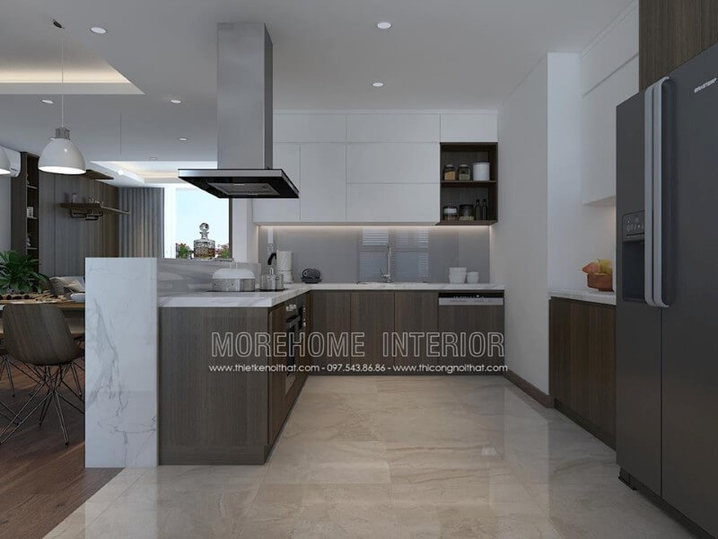 Căn bếp sử dụng đá nhân tạo làm ốp mặt bàn bếp bền đẹp và thực sự sự an toàn Thiết kế nội thất đá nhân tạo trong không gian nhà