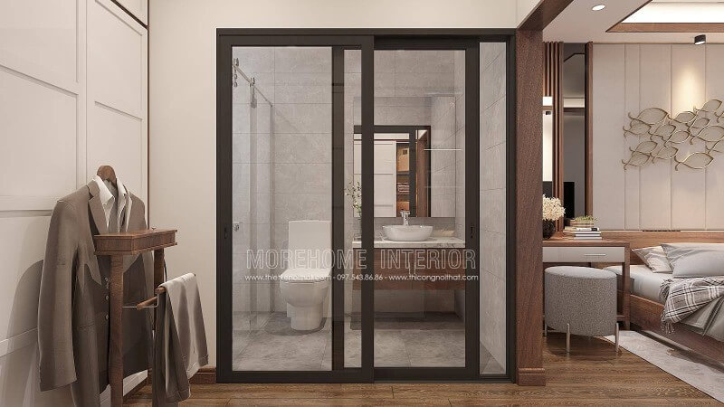 Với không gian diện tích không quá lớn việc sử dụng cửa kính trượt sẽ giúp căn phòng trở nên thông thoáng đặc biệt với lớp cửa kính cường lực càng tăng tính mở trong thiết kế phòng ngủ nam khép kín liền phòng tắm, phòng vệ sinh.