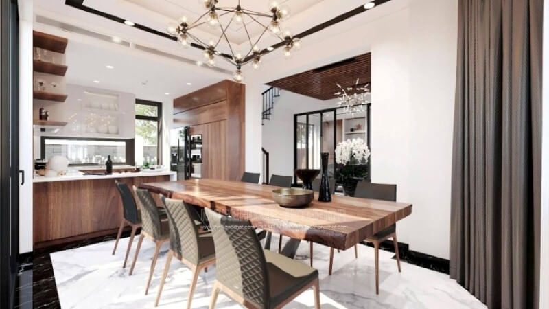 Ngoài việc bố trí kệ trang trí và bàn đảo bằng đá granite màu trắng, điểm đáng chú ý khác là diện tích để chủ nhân có thể phô diễn món ăn thỏa mái và cũng có thể giúp con học dễ dàng hơn.