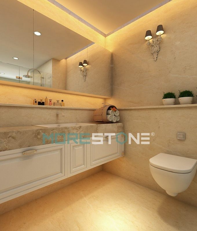 Sử dụng kết hợp của ốp, lát đá tự nhiên trong khu vực phòng tắm là cách hiệu quả để loại bỏ các vết nối mạch.