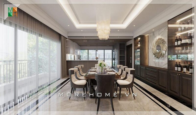Phòng ăn được thiết kế mở, với hệ thống cửa kính lấy ánh sáng tối ưu, đồng thời cung cấp một không gian thiên nhiên lãng mạn cho bữa ăn gia đình.