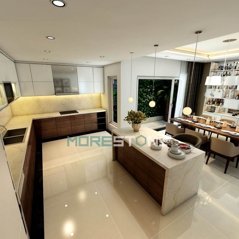 Chất liệu đá nhân tạo gốc thạch anh được sử dụng để làm ốp đá bếp và bàn đảo, có đa dạng mẫu mã vân, có độ cứng cao và chống thấm ố tốt, cũng là chất liệu phong thủy.