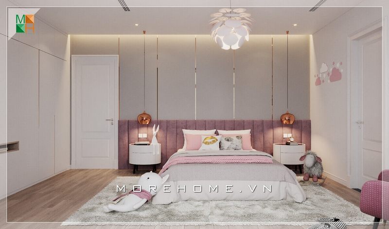 Ngạc nhiên với một mẫu giường ngủ hiện đại, đầu giường bọc nệm màu hồng sẽ làm nổi bật và nữ tính, phù hợp với các cô con gái hoặc các bạn gái dễ thương.