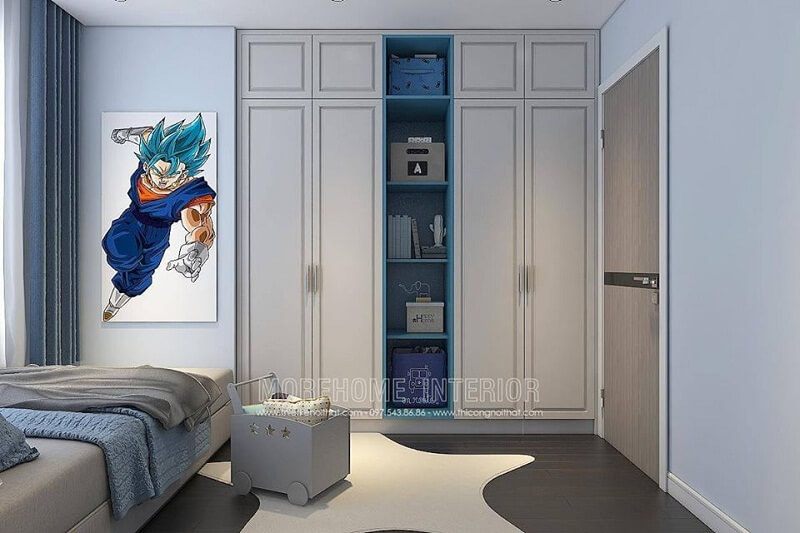 Mẫu thiết kế tủ quần áo cao cấp màu trắng kết hợp kệ tủ không cánh màu xanh tạo điểm nhấn nổi biệt cho không gian căn phòng