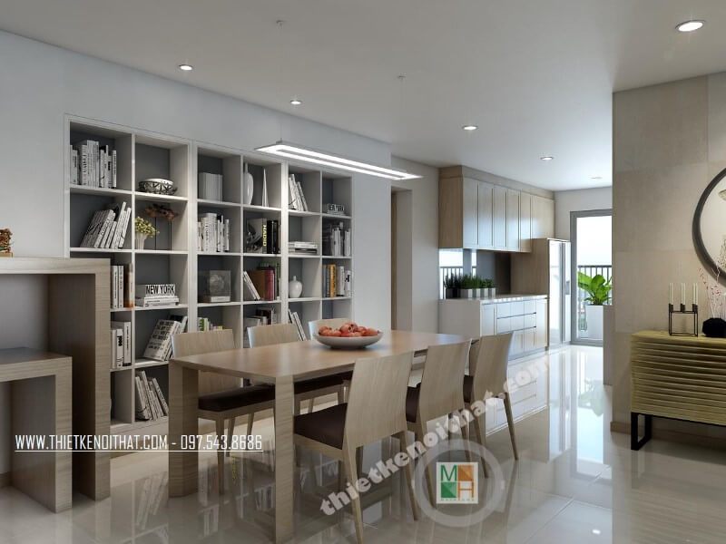 Bàn ăn được thiết kế với màu veneer nâu sữa để phù hợp với phong cách thiết kế của căn nhà và tạo nên sự đẹp mắt.