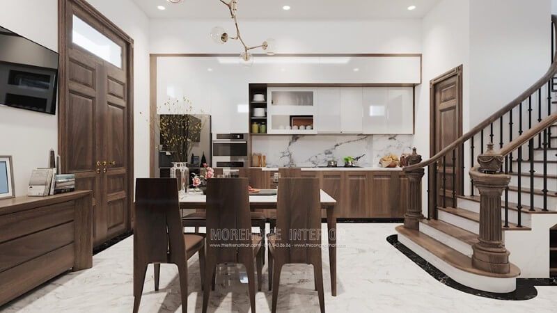 Tủ bếp chữ I hiện đại này được tạo ra bằng cách kết hợp hai loại vật liệu gỗ là gỗ công nghiệp và gỗ tự nhiên.