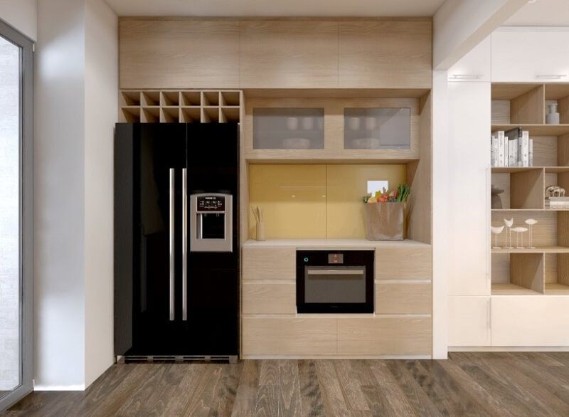 Hệ tủ bếp gỗ đẹp với nhiều chức năng đa dạng được thiết kế để kết hợp tủ lạnh và lò vi sóng, tạo ra một không gian bếp hoàn hảo.