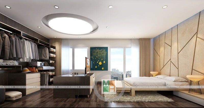 .
Mẫu thiết kế nội thất phòng ngủ chung cư đẹp, sang trọng với bức tường đầu giường có màu vàng độc đáo, trần thạch cao và ánh sáng tinh tế tạo nên một không gian nghỉ ngơi hoàn hảo.