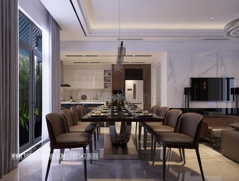 .
Mẫu bàn ghế ăn dài hiện đại với thiết kế khung gỗ cao cấp, ốp làm bằng da lì màu đen, và vách bàn ăn được thiết kế độc đáo, mang lại cảm giác ấm cúng cho không gian gia đình.